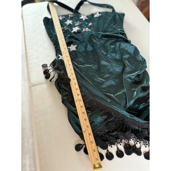 Emerald Green Velvet Star Sequin Ruched Mini Dress Halter Tassel Fringe - Picture 5 of 8